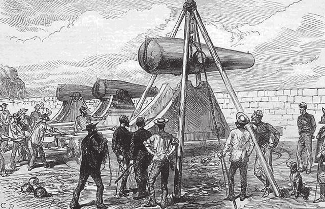Tres cañones Rodman son instalados en la batería Esmeralda de  Vaparaíso en 1879, en un grabado publicado en Londres en la revista The Illustrated London News del 15 de noviembre de 1879.