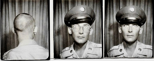Self-portrait made in a photo booth of my new haircut in army basic training, Ft. Jackson, Columbia, South Carolina, summer 1966