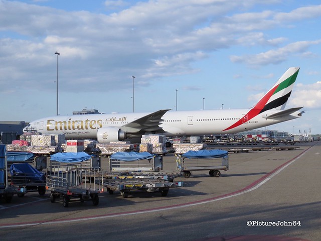 PAX for CARGO: Emirates Boeing 777 (A6-EQB) at cargo apron Schiphol