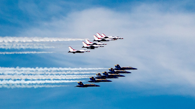 Thunderbirds and Blue Angels in formation