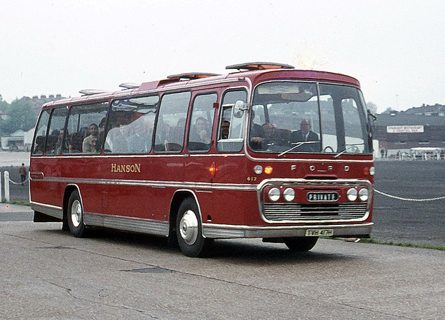 Hanson Buses . Huddersfield , West Yorkshire . 417 TVH417H . Wembley Stadium Coach Park , London . Saturday 09th-May-1970 .