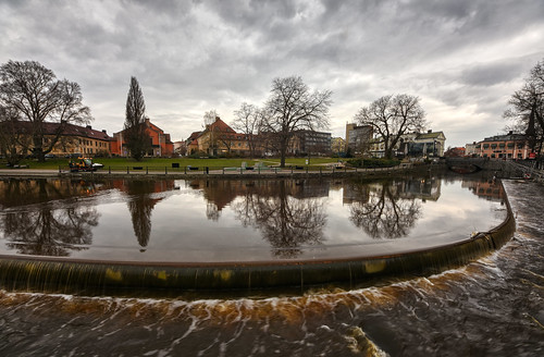 landscape urban city park lake river svartån reflections waterfall froth ripples water hdr västerås sverige sweden clouds sky