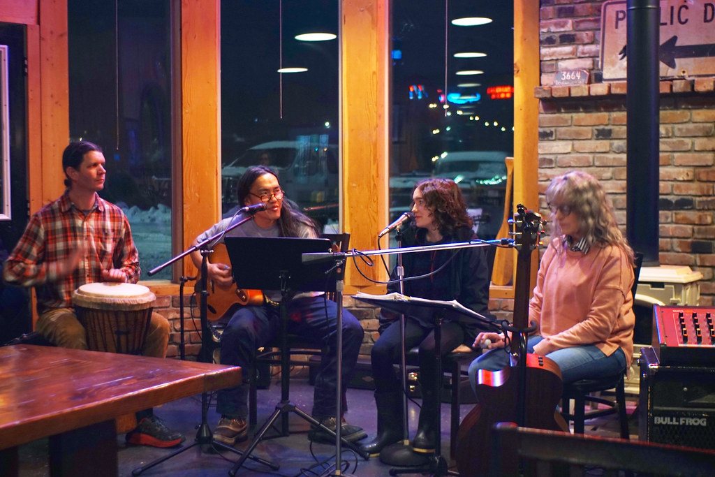 Josue, Paul, India and Barb playing at the Kootenai River Brewing Company in January of 2020--Bonners Ferry
