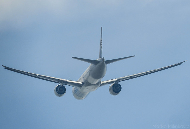 EgyptAir Boeing 777-300ER departing Belgrade after delivering a shipment of masks