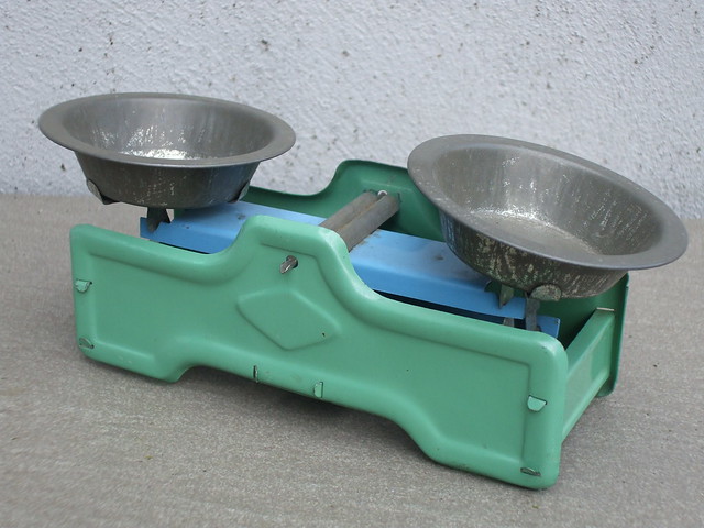 Vintage 1950's Light Green Tinplate Toy Weighing Scales