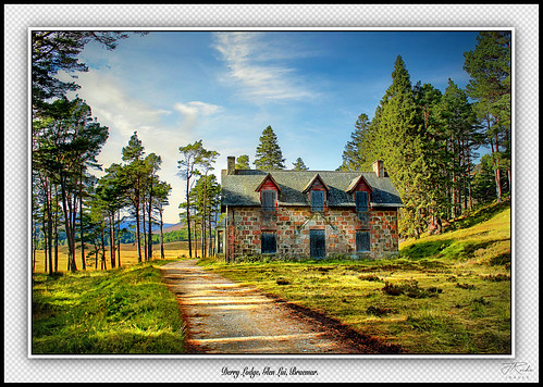 scotland glen canon trees royal queen linn dee braemar hunting lodge track road mountain pass lairigghru aviemore house sunlight shining abandoned unused boarded deeside pine shadows jacobite