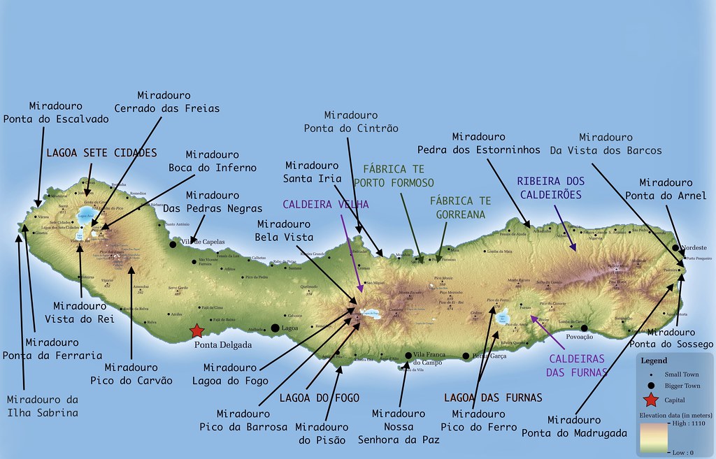 Mapa con los mejores miradores de Sao Miguel en Azores