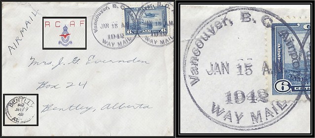 British Columbia / B.C. Postal History / World War II / Air Mail / Way Mail - 15 January 1942 - VANCOUVER, B.C. AIRPORT / WAY MAIL (large cds cancel / postmark) to Bentley, Alberta