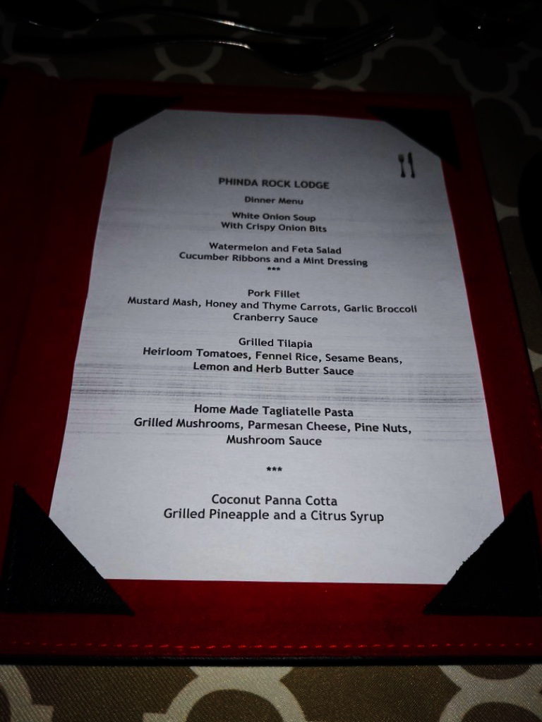Dinner menu at andBeyond Phinda Rock Lodge