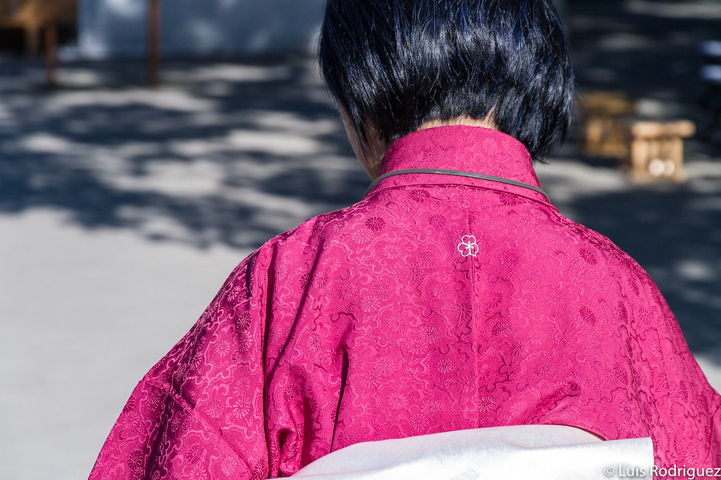 Kimono iromuji con un blas&oacute;n familiar o kamon