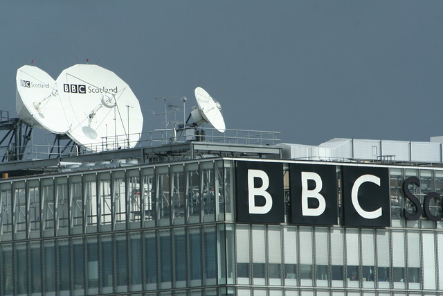 Satellite dishes on top of BBC Scotland at Pacific Quay.