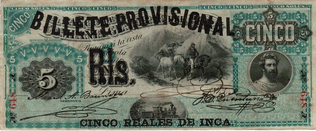 En el intento de mantener un orden financiero durante la ocupacion de Lima, los bancos peruanos emitieron billetes con la denominación de Reales de Inca, 1881