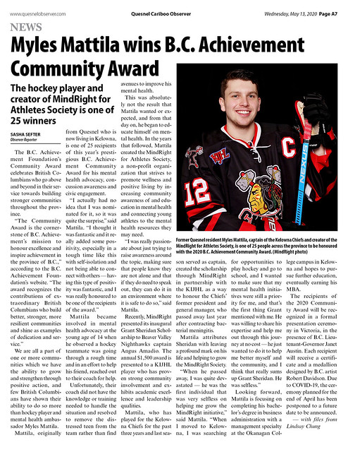 Myles Mattila wins B.C. Achievement Community Award - 2020