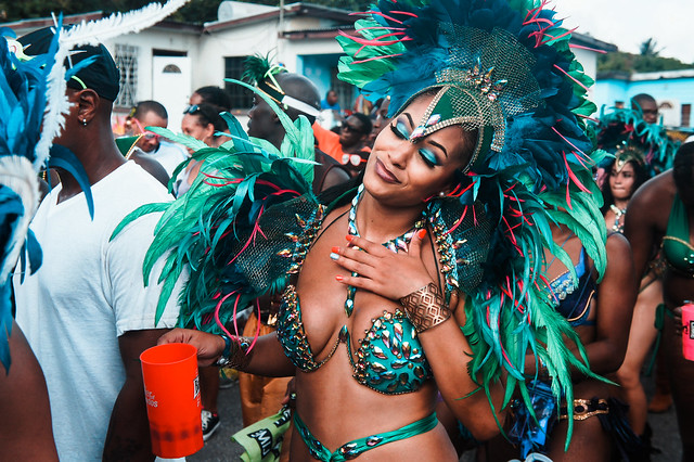 A jewelled reveller at Grand Kadooment day, marking the end of the Crop Over Festival in Barbados