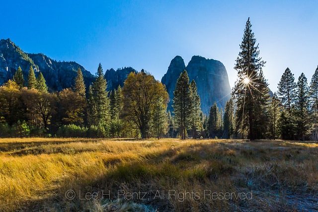 Sun Setting behind Middle Cathedral Rock in Yosemite Valley