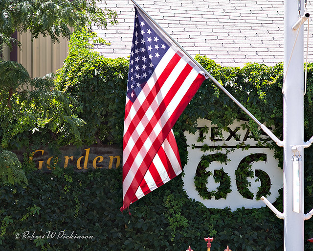 U.S. Flag and Texas 66 Shield on Route 66 in Amarillo, Texas