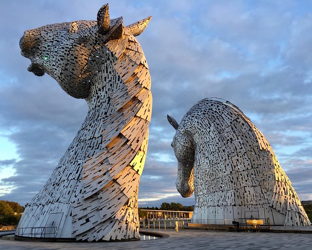 The Kelpies in the sunset in The Helix, Falkirk, Scotland.