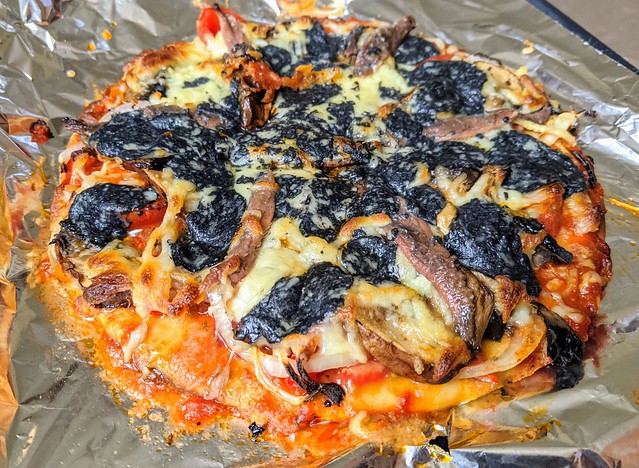 Homemade Pizza with Anchovy, Mushroom and Charcoal Cheddar Cheese