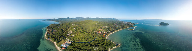 Aerial view of Baan Tai pier or Huatean Pier at Phangan island with clear blue sky, Thailand