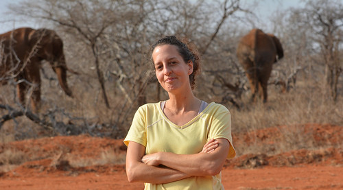 Lynn Von Hagen with elephants in the background.