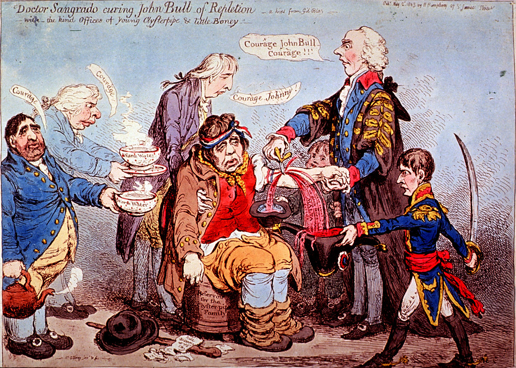 Doctor Sangrado curing John Bull of Repletion: with the kind offices of young Clysterpipe & little Boney