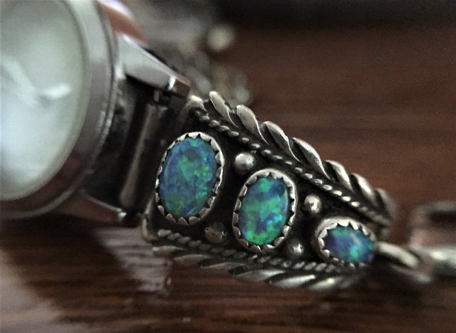 Navajo silver watchband with created opals