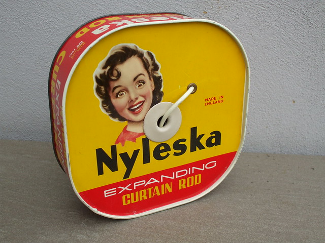 Vintage Yellow & Red 1950's Tin Advertising Nyleska Expanding Curtain Rod