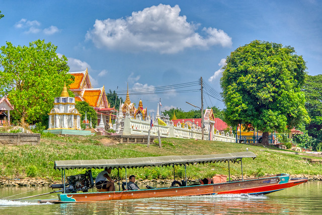 Longtail boat on the Chao Phraya river surrounding Ayutthaya, Thailand