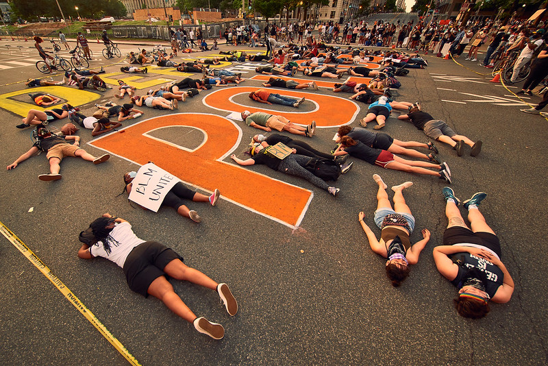 Protesters lying on the ground for a die-in