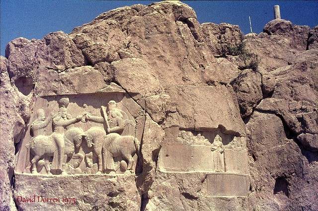 1975.09-27bS Naghshe Rustam (Naqsh-i Rustam), 1975. Left: Sasanian relief of the investiture of Ardashir I, founder of the Sasanian Dynasty. Right: Bahram II.