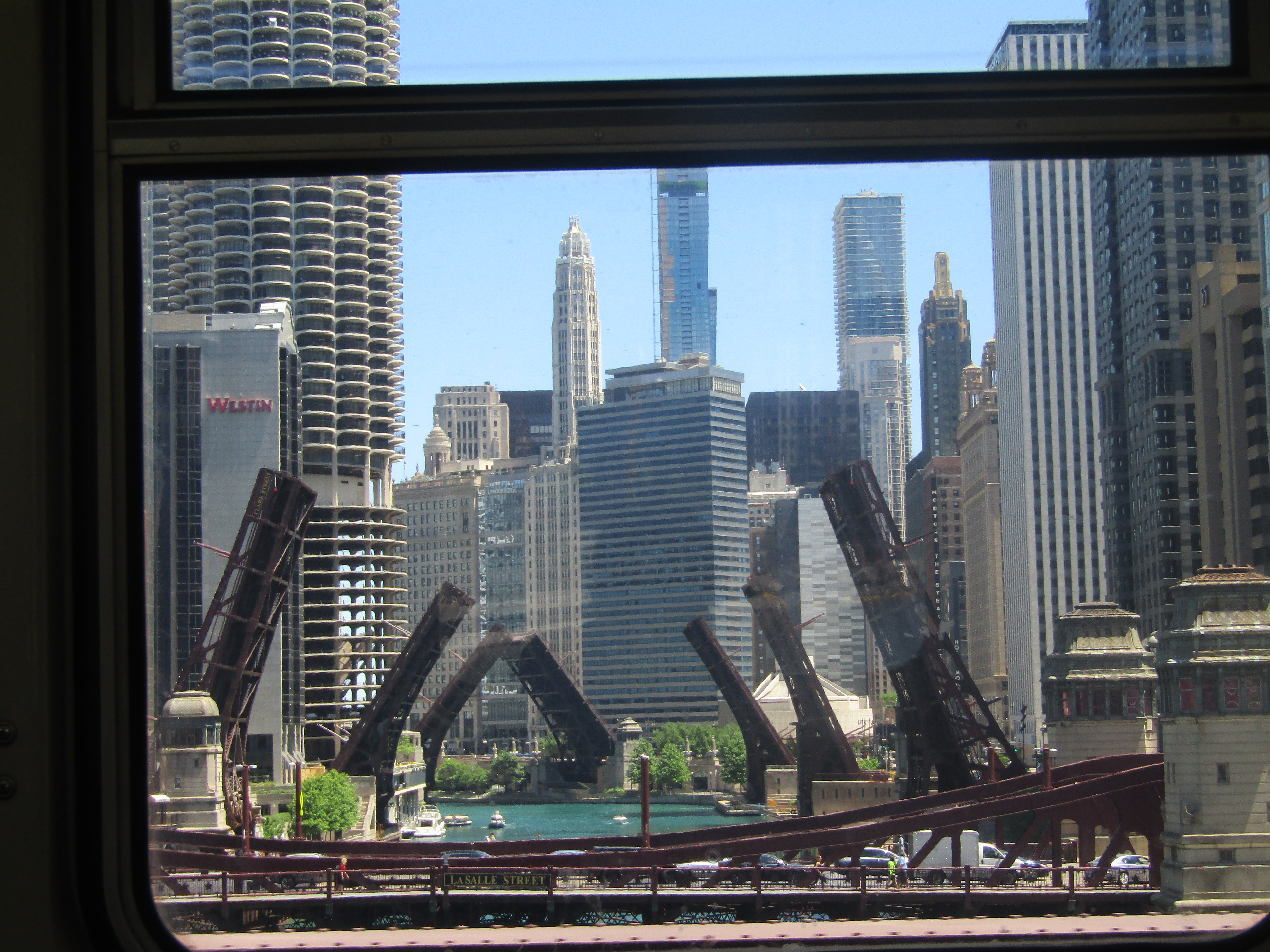 Bridges raised over Chicago River - a view from the 'L' - Looking east
