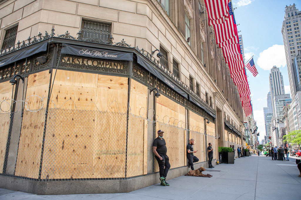 Saks Fifth Avenue is wrapped in razor wire to prevent looting