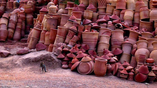 Gatto a passeggio tra tajine e vasi di terracotta