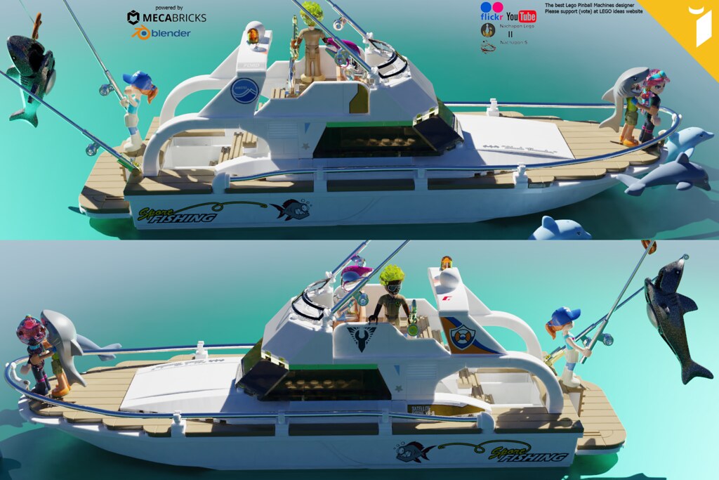 Free building instructions! Find Difference Game! Luxury Fishing Yacht with realistic stern for Lego ideas activity Coasting on the waves participate