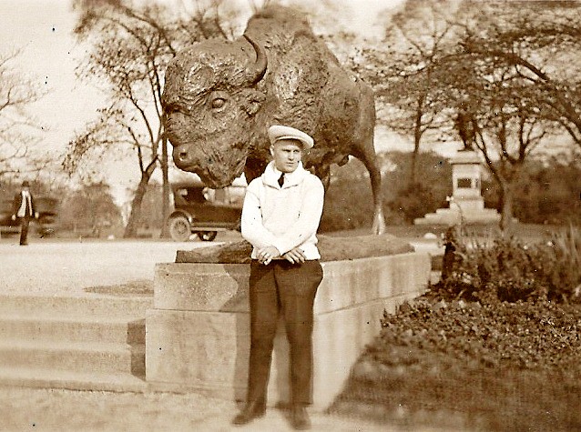 My grandfather standing by Bison Statue - Humboldt Park, Chicago