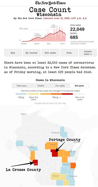 New York Times coverage of Covid-19 global pandemic, Wisconsin Hotspots as of June 12, 2020