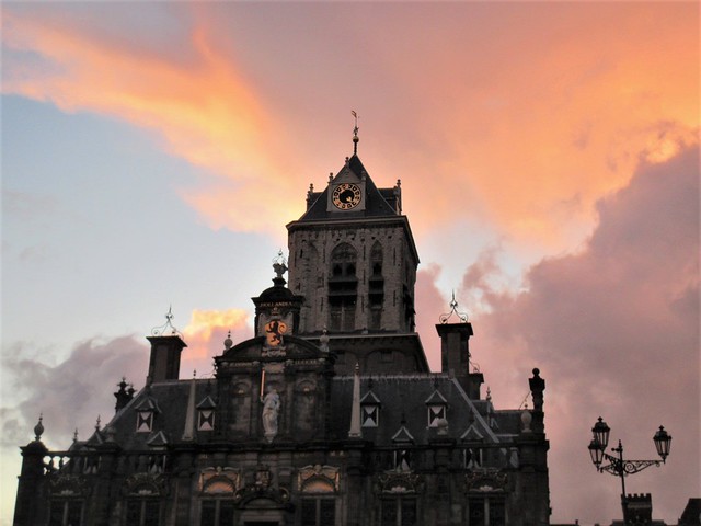 Stadhuis and sunset clouds, Markt, Delft, Netherlands