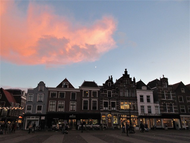 Houses, south side of Markt, with sunset clouds, Delft, Netherlands