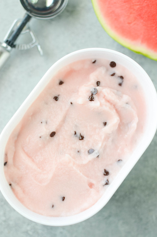Homemade Watermelon Sherbet - easy 4 ingredient watermelon sherbet with fresh watermelon puree and mini chocolate chips. 
