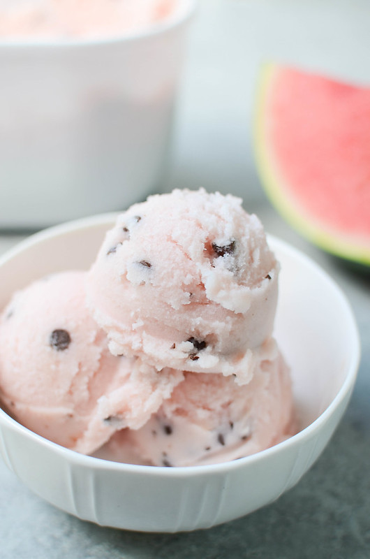 Homemade Watermelon Sherbet - easy 4 ingredient watermelon sherbet with fresh watermelon puree and mini chocolate chips. 