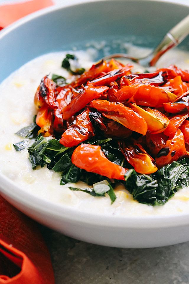 Fresh Corn Grits with Collard Greens and Roasted Cherry Tomatoes