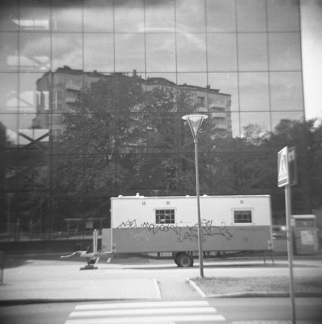 Reflected in a new building