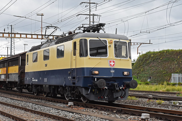 Die Re 4/4 II 421 387-2 mit Baujahr 1984 wurde in den letzten Wochen im SBB-Werk in Bellinzona frisch revidiert und mit neuem, elegantem Rheingold Look wieder an TR Trans Rail AG übergeben. Aufnahme in Pratteln vom 14.06.2020.