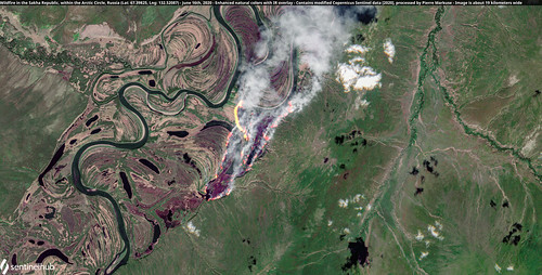 Wildfire in the Sakha Republic, within the Arctic Circle, Russia (Lat: 67.39825, Lng: 132.52087) - June 16th, 2020