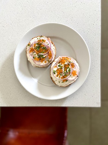 Midday Snack from El Bagel - lox spread, red onion, chive, smoked trout roe | by frodnesor