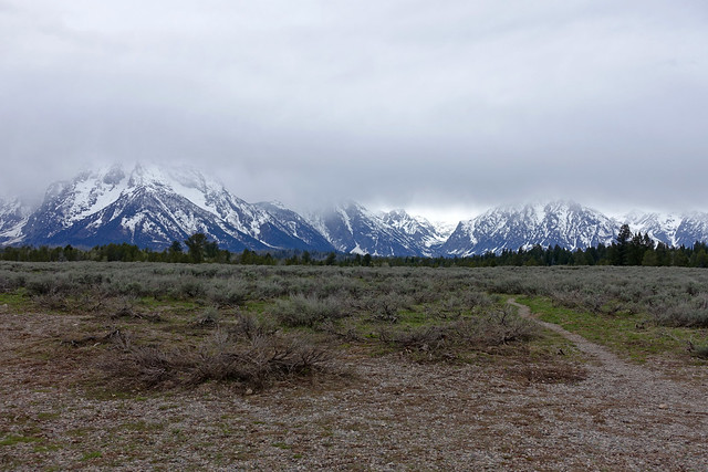 Mount Moran hidden in clouds as seen from Mount Moran Turnout in Grand Teton NP, WY