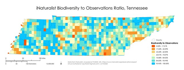 iNaturalist Biodiversity to Observations Ratio in Tennessee