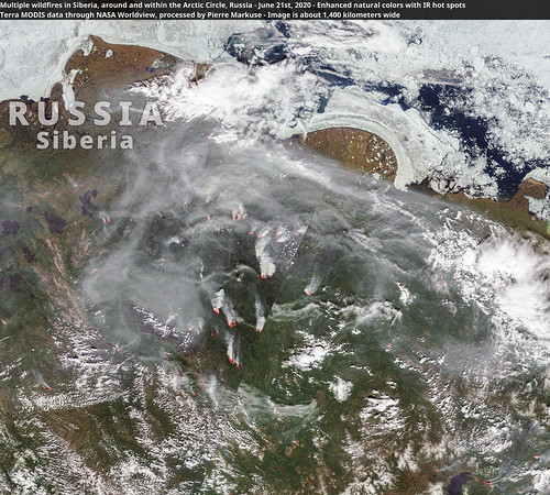 Multiple wildfires in Siberia, around and within the Arctic Circle, Russia - June 21st, 2020