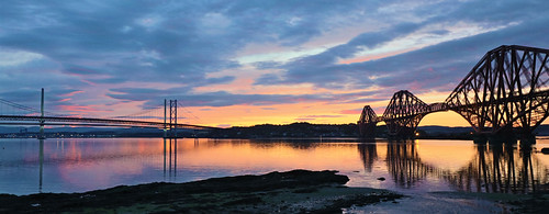 South Queensferry sunset. by Adrian Walker., from L to R
The new Queensferry crossing
The Forth road bridge.
Forth rail bridge.elements sunset