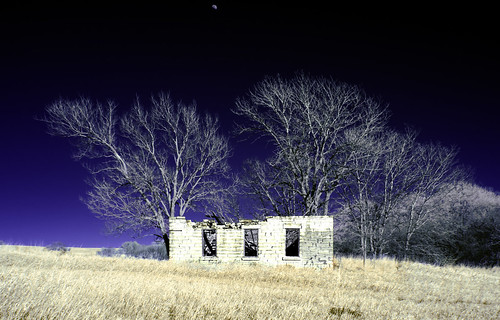 abandonedschool baretrees moon sky shadows grass openwindows noroof winter crumbling unpaintedwood weathered hss